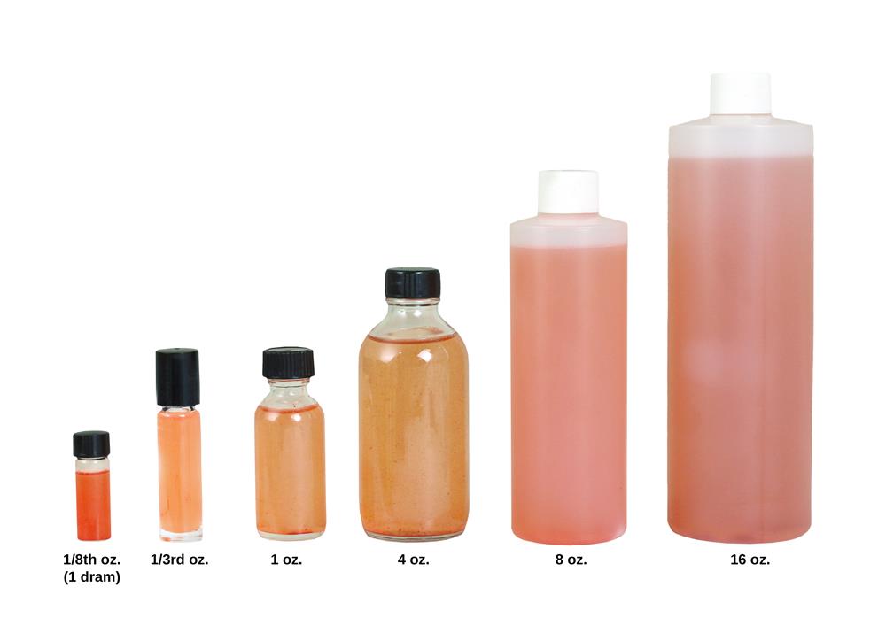 Africa Imports oil bottles shown full at each size, each with airspace at the top