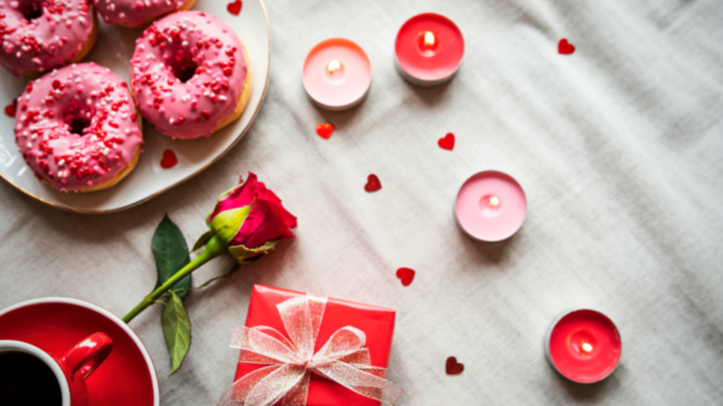 Red Flowers with Candles and Pink Doughnut